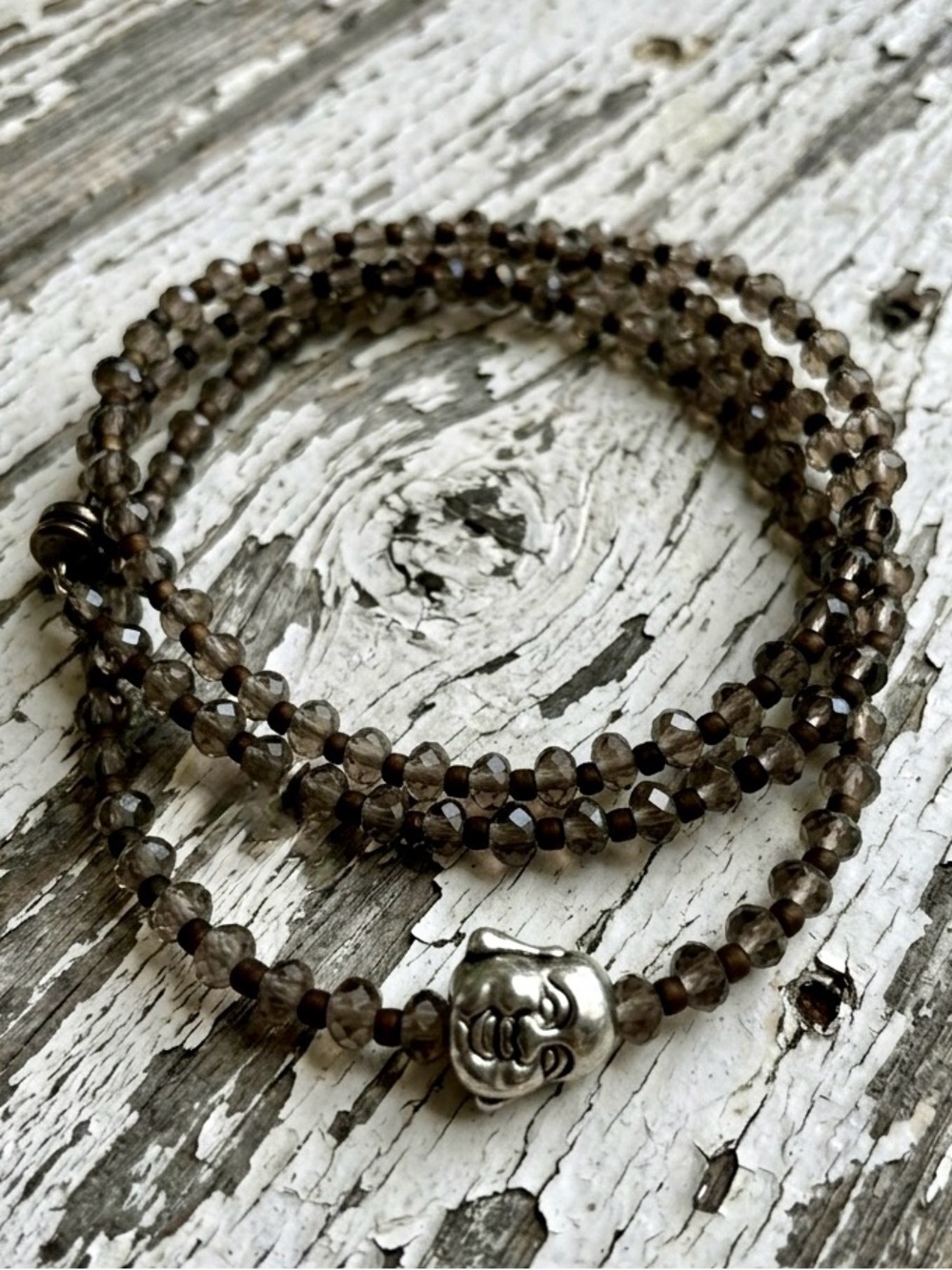 Triple Wrap Faceted Smokey Quartz & Bronze Beaded Bracelet w/Laughing Buddha